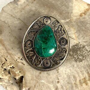 VTG Sterling Silver 925 Teardrop Spun Silver Filigree Eilat Stone Pendant Brooch